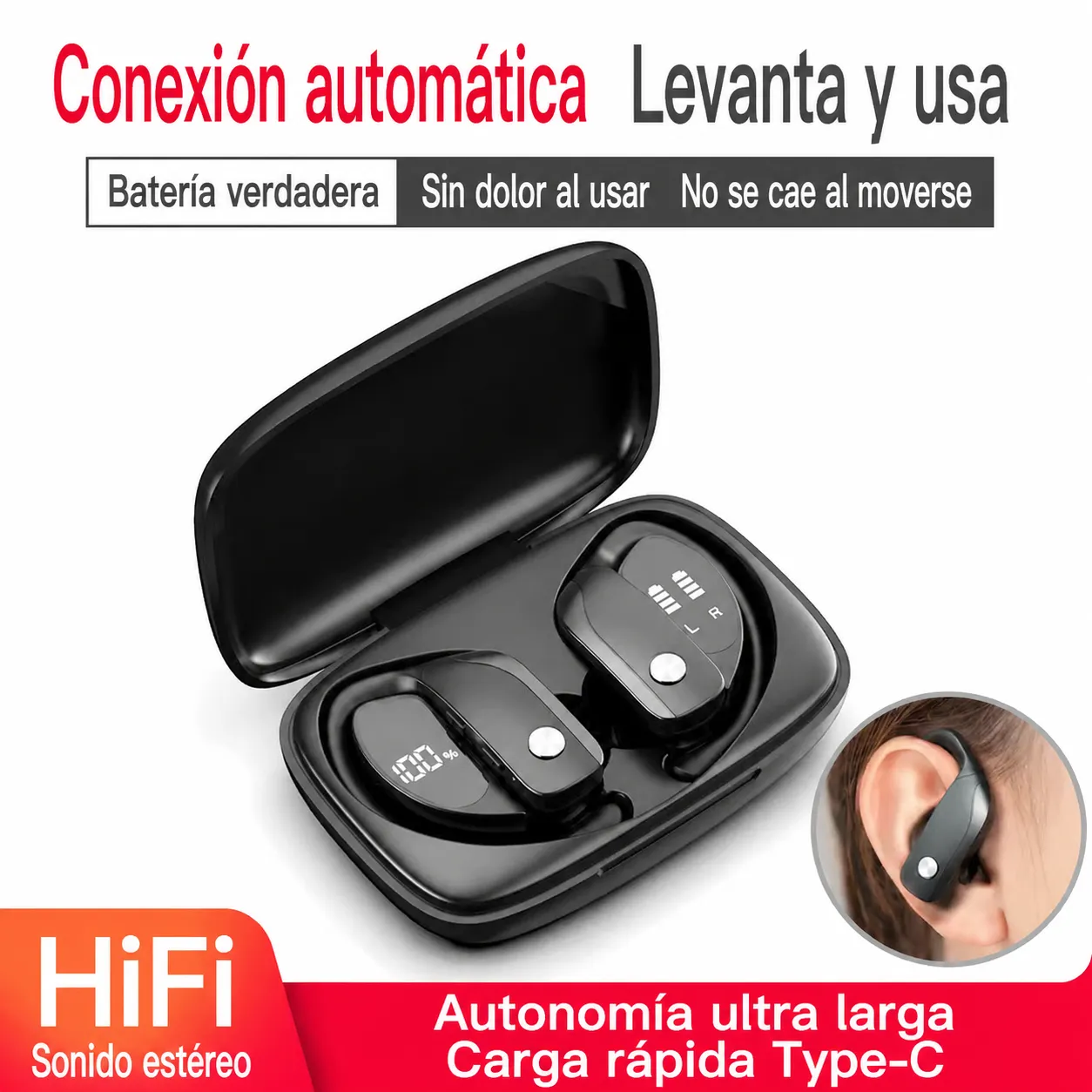 Auriculares inalámbricos Bluetooth T16TWS con pantalla digital de triple indicador, ultra larga duración de batería, diseño colgante para la oreja, ideales para deportes y juegos.