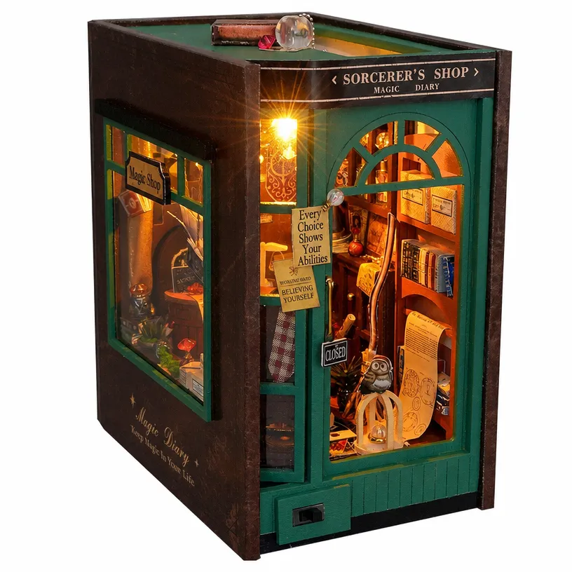 DIY wooden book stand with magical night light decoration, handcrafted assembly of three-dimensional puzzle model